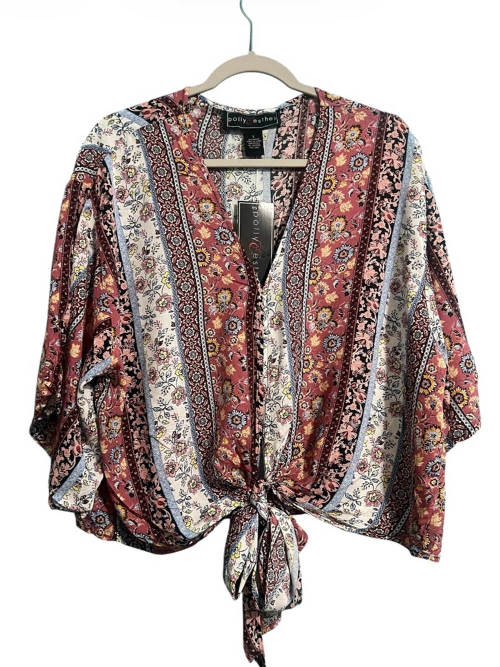 Polly & Esther Rust Floral Tie-Front Blouse size L